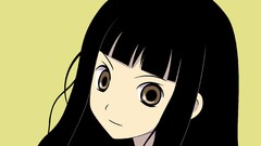 Yellow background faces long hair anime girls brown eyes 