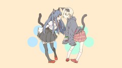 Yellow background red eyes blondes skirts blue hair long hair 