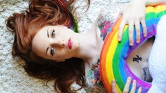 Yellow red woman orange tattoos green eyes suicide girls Kemper 