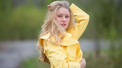 Yellow woman jackets outdoors blondes hands on head Fame Girls 