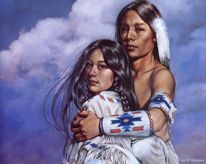 Indigenous Couple Embracing — Blue, Serene, Painting