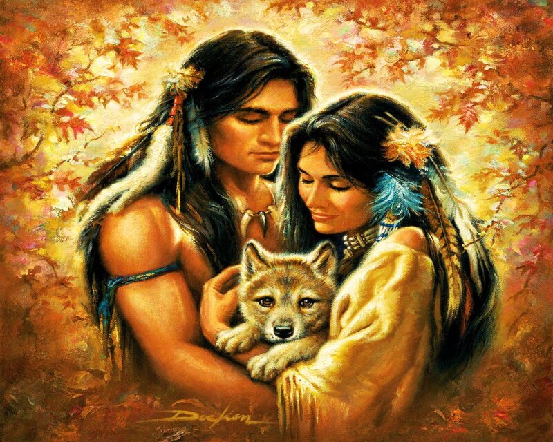 Indigenous Couple with Wolf Pup