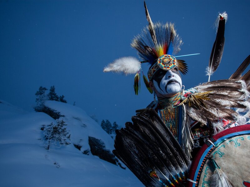 Indigenous Dancer in Snow — Blue