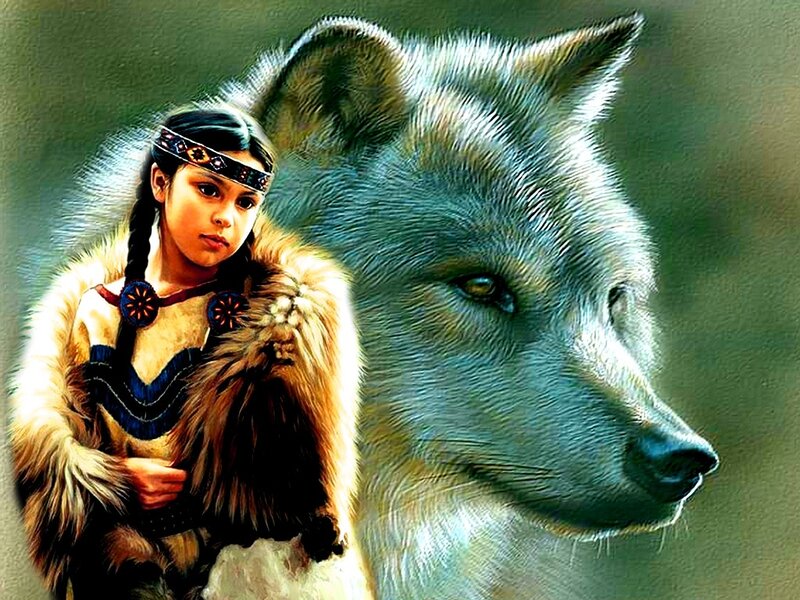Indigenous Girl with Wolf — Brown