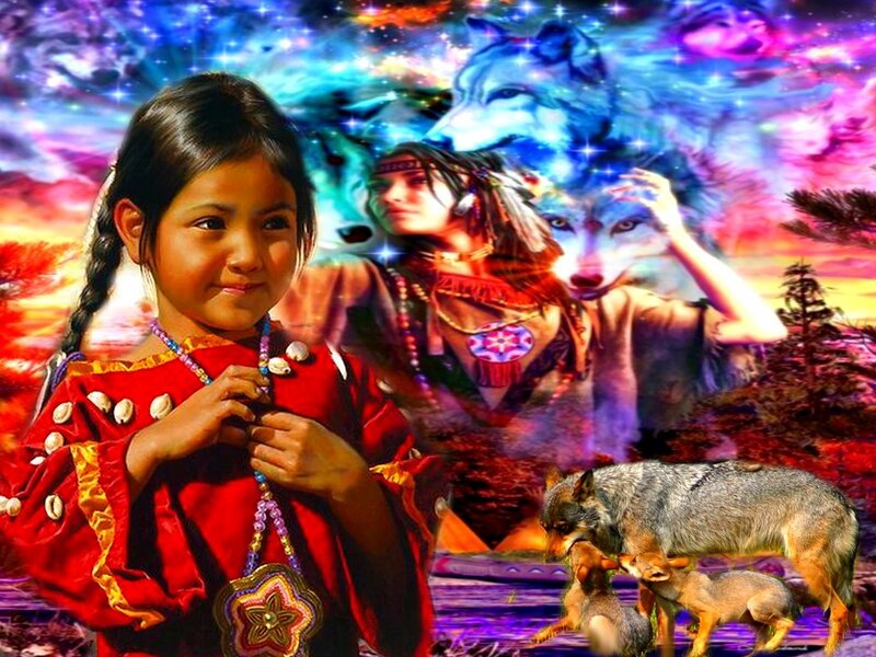 Indigenous Girl with Wolf — Red