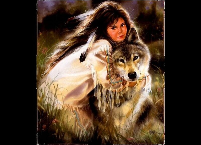 Indigenous Girl with Wolf