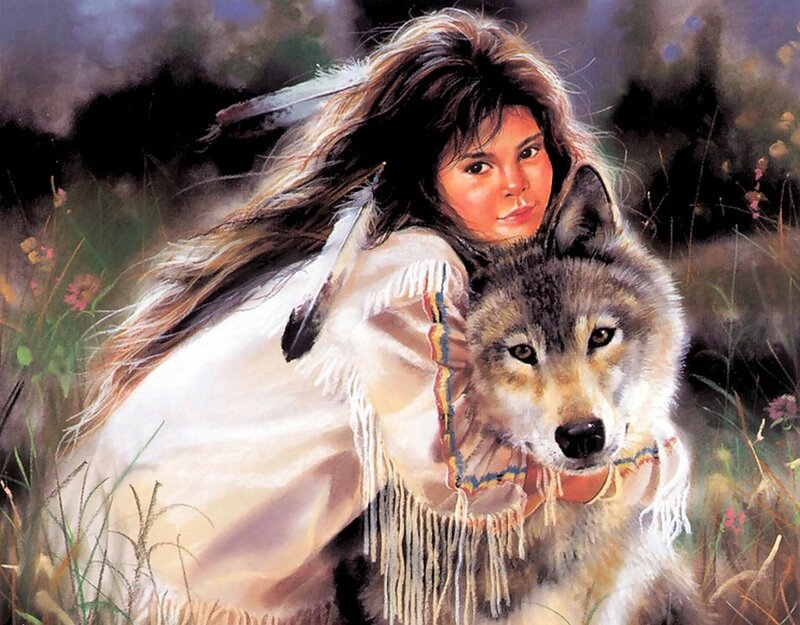 Indigenous Girl with Wolf — White, Serene
