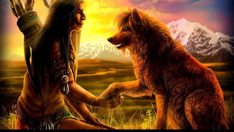 Indigenous Man and Wolf