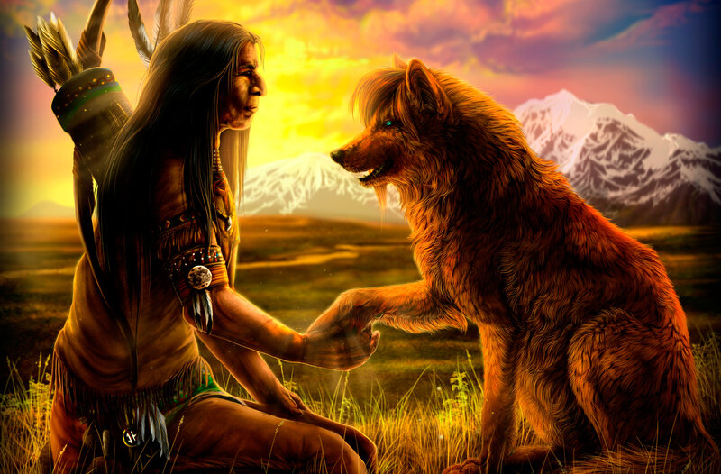 Indigenous Man and Wolf — Yellow