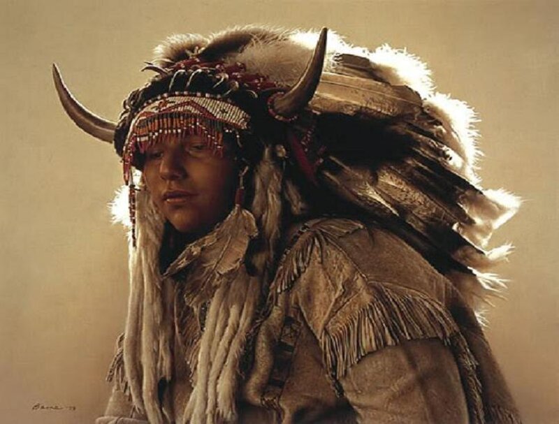 Indigenous Man in Headdress — Brown, Dramatic