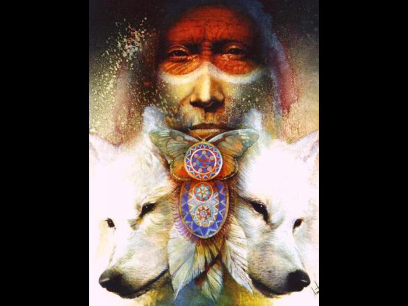 Indigenous Man with Wolves — White