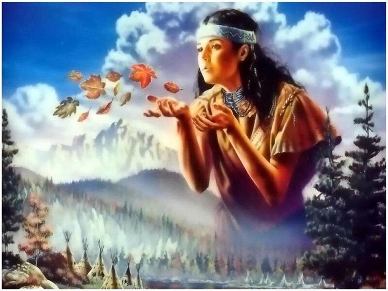 Indigenous Woman Blowing Leaves — Blue