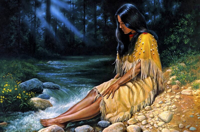 Indigenous Woman by Stream — Yellow