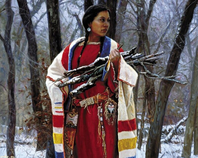 Indigenous Woman in Forest — Red