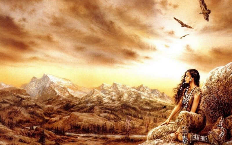 Indigenous Woman on Rock — Brown, Dramatic, Sunset