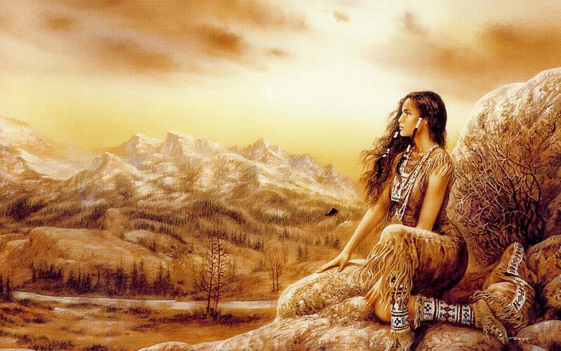 Indigenous Woman on Rock — Brown, Serene, Sunset