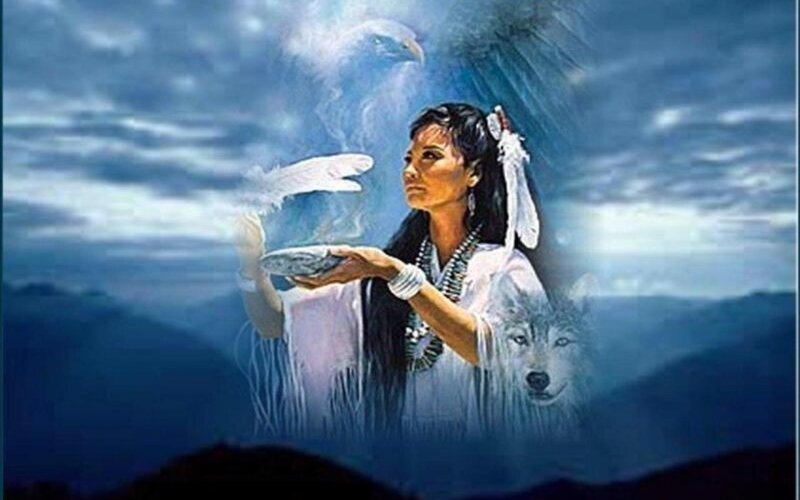 Indigenous Woman with Animals — Blue, Dramatic, Digital Art, Eagle