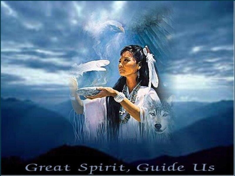 Indigenous Woman with Animals — Blue, Dramatic, Digital Art