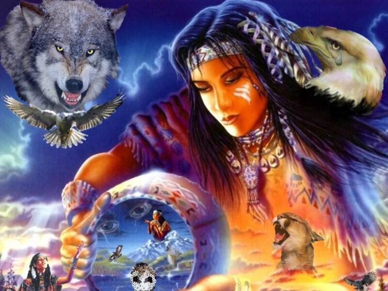 Indigenous Woman with Animals — Blue, Dramatic, Night, Digital Art