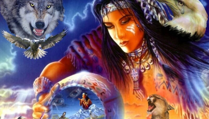 Indigenous Woman with Animals — Blue, Dramatic, Night