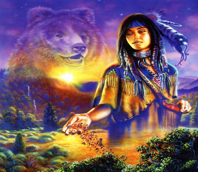 Indigenous Woman with Bear — Purple