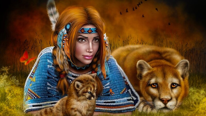 Indigenous Woman with Cougar — Blue