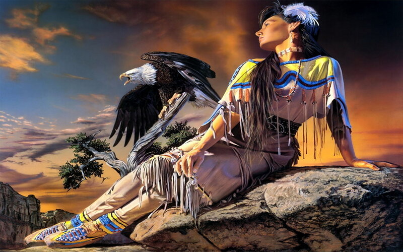 Indigenous Woman with Eagle — Orange