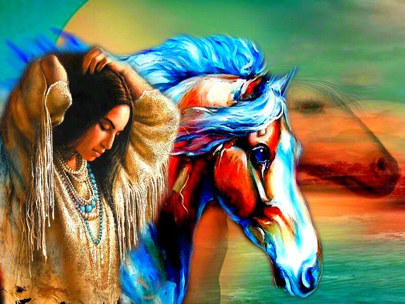 Indigenous Woman with Horse — Blue