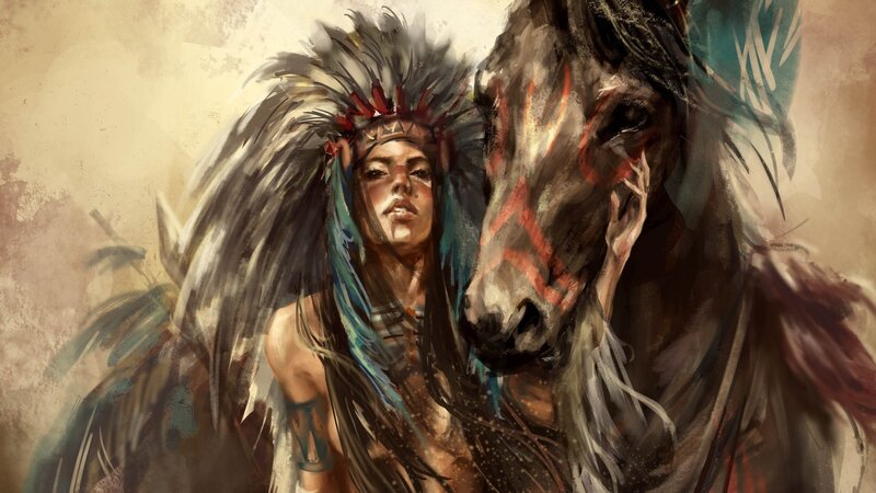 Indigenous Woman with Horse — Brown, Dramatic, Digital Art