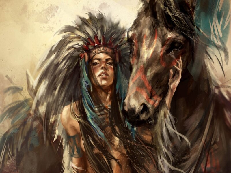 Indigenous Woman with Horse — Brown, Dramatic