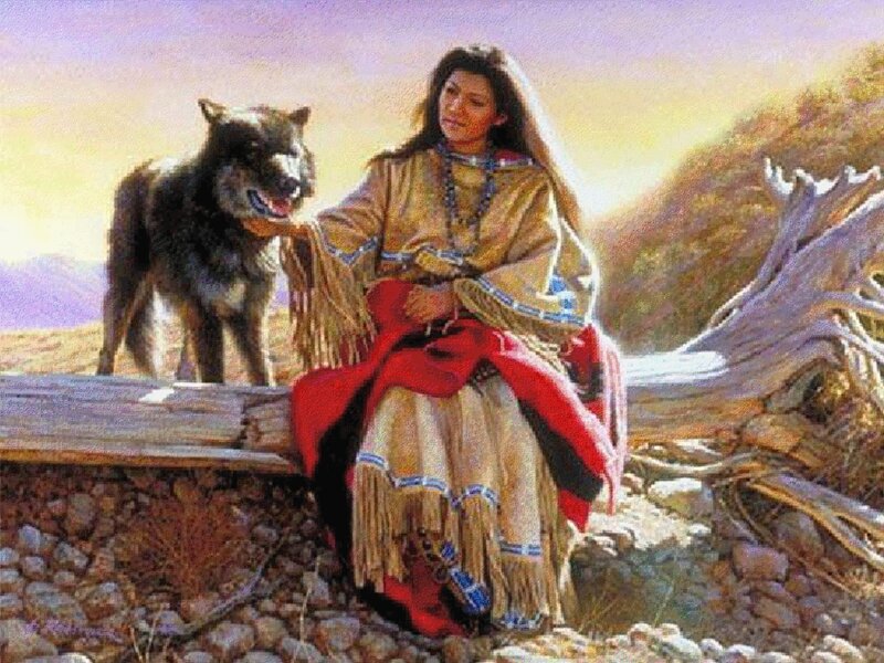 Indigenous Woman with Wolf — Beige, Serene