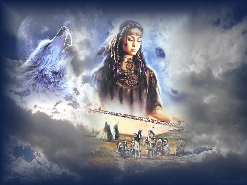 Indigenous Woman with Wolf — Blue, Dramatic