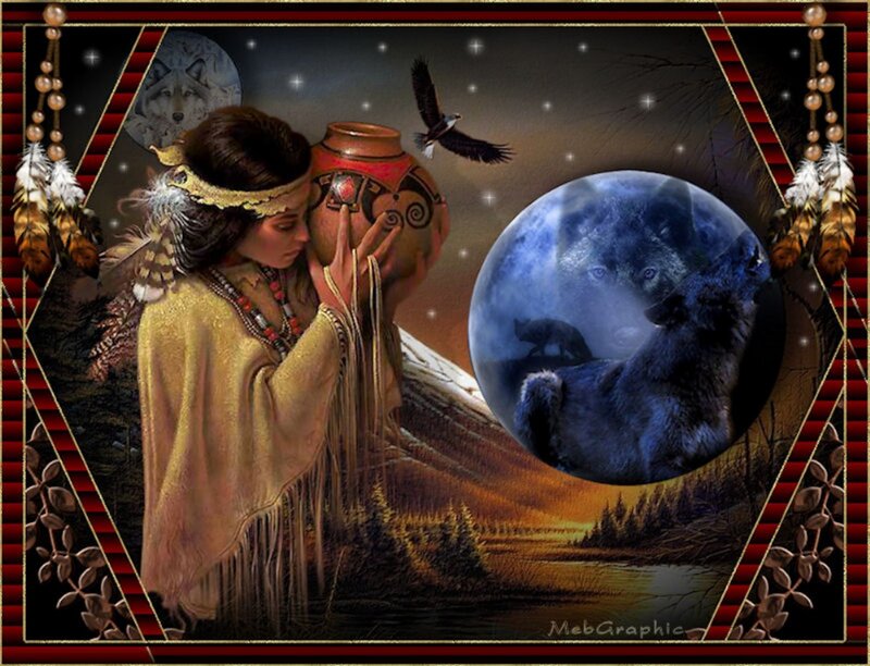 Indigenous Woman with Wolf — Blue, Mystical