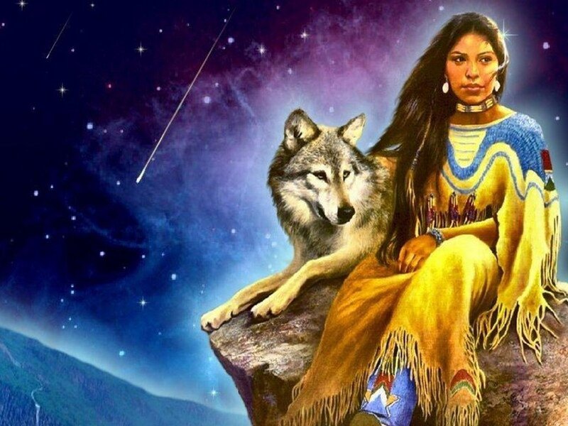 Indigenous Woman with Wolf — Blue, Serene, Night, Digital Art