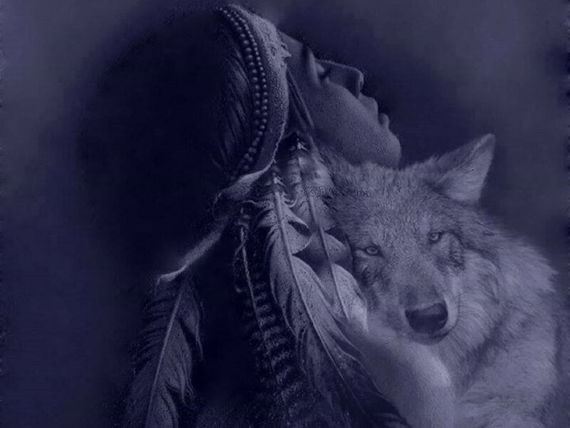 Indigenous Woman with Wolf — Blue, Serene, Night