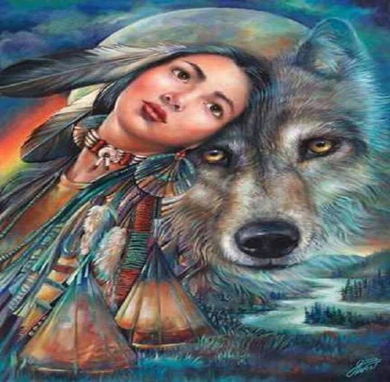 Indigenous Woman with Wolf — Blue, Serene