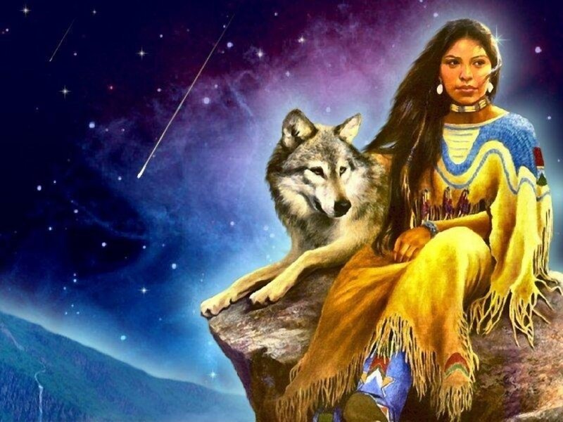 Indigenous Woman with Wolf — Blue