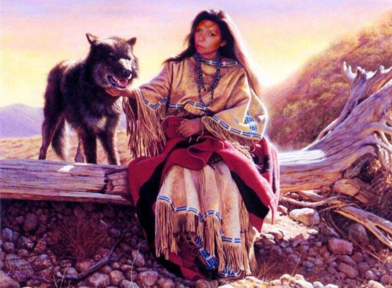 Indigenous Woman with Wolf — Brown