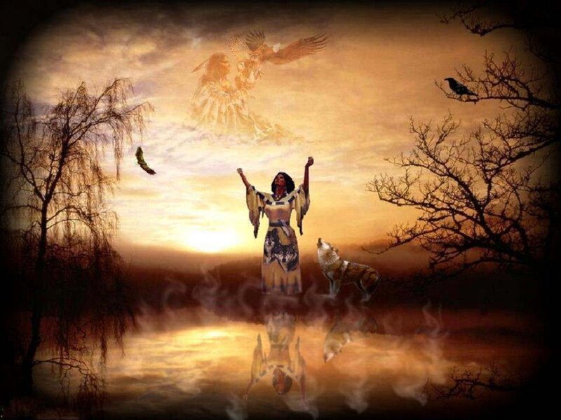 Indigenous Woman with Wolf — Gold, Dramatic