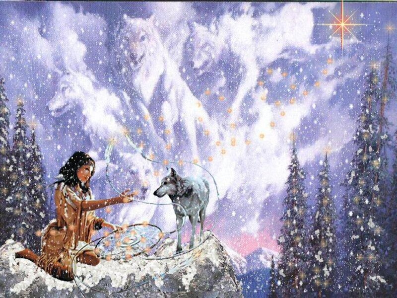 Indigenous Woman with Wolf — Purple