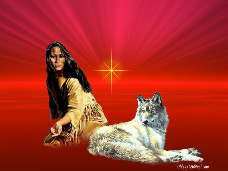 Indigenous Woman with Wolf — Red