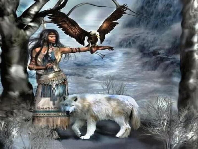 Indigenous Woman with Wolf — White, Dramatic