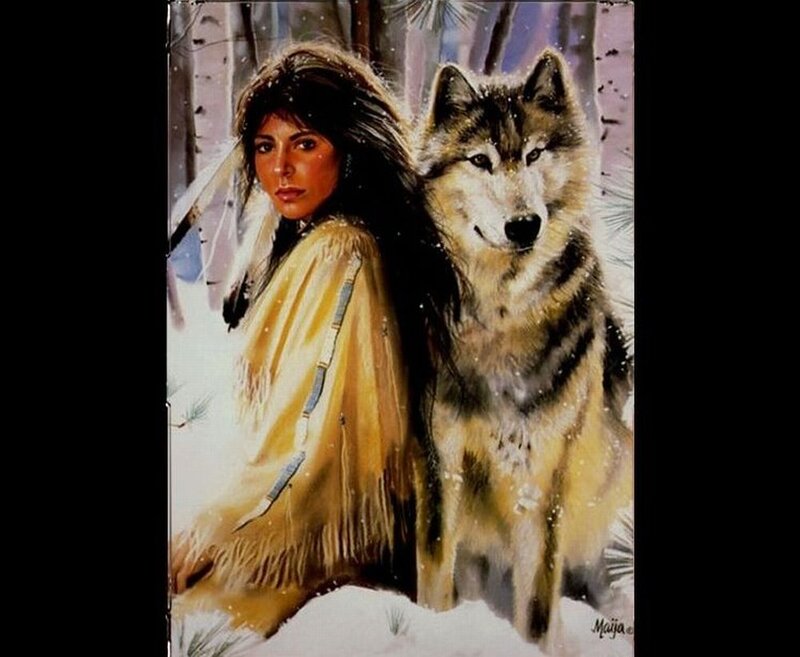 Indigenous Woman with Wolf — White