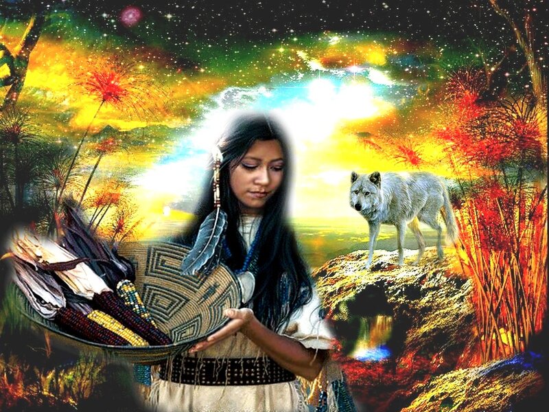 Indigenous Woman with Wolf — Yellow, Dramatic