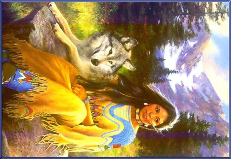 Indigenous Woman with Wolf — Yellow
