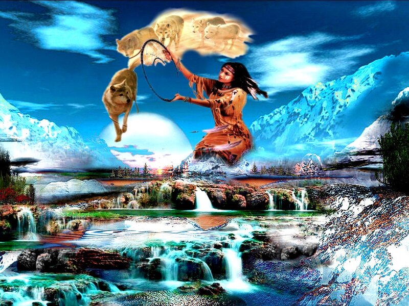 Indigenous Woman with Wolves — Blue, Dramatic