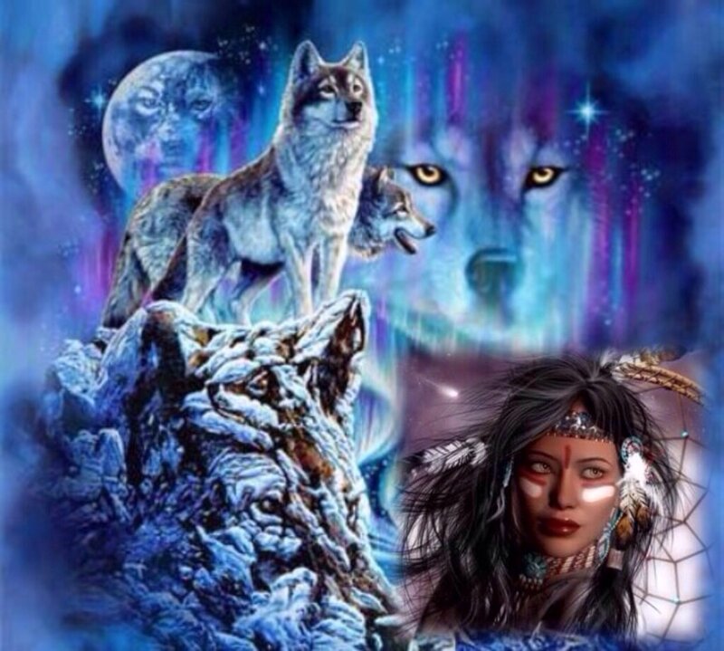 Indigenous Woman with Wolves — Blue, Mystical