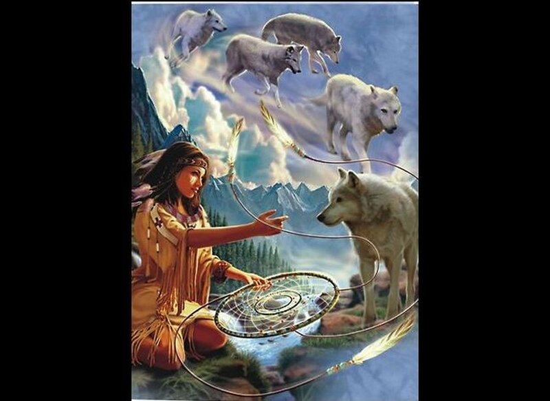 Indigenous Woman with Wolves — Blue