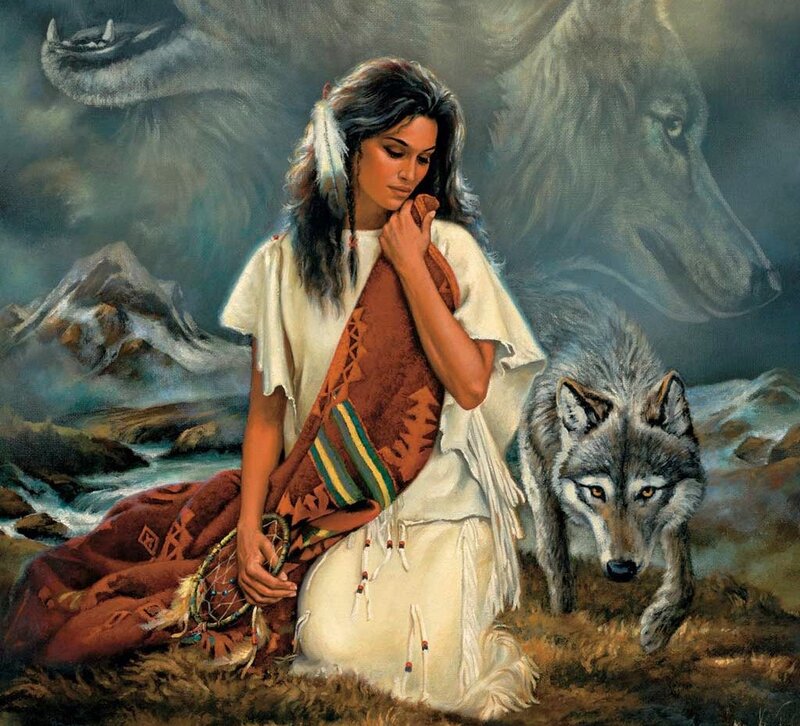 Indigenous Woman with Wolves — Brown, Dramatic