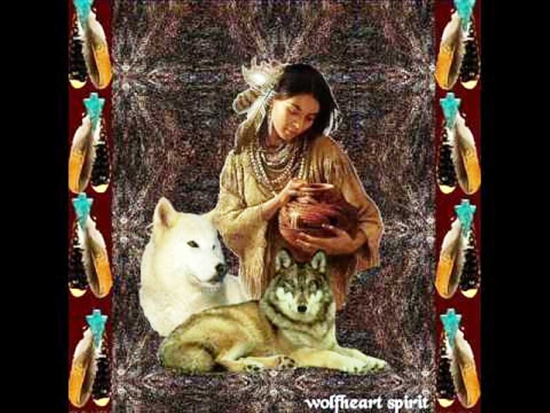 Indigenous Woman with Wolves — Brown, Serene, Digital Art